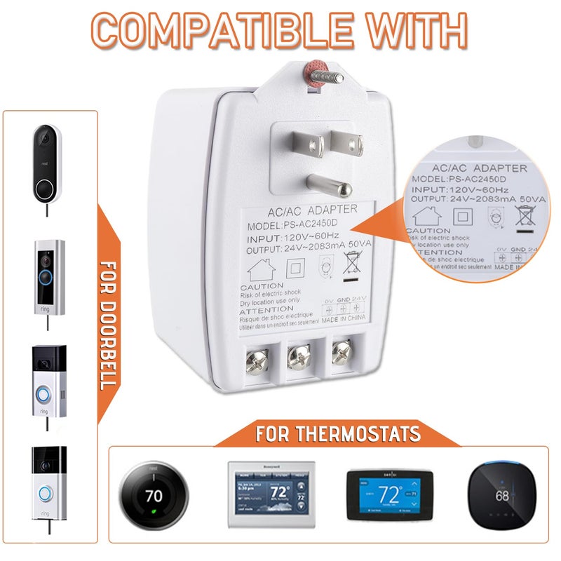 JAMHER 24 Volt Doorbell Transformer 24VAC 50VA 2083mA Plug in Transformer with PTC Fuse Compatible with Nest Ecobee Sensi and Honeywell Thermostat and All Versions of Ring Doorbell - Image 3